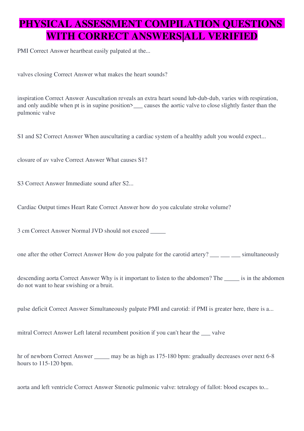 Preview image for PHYSICAL ASSESSMENT COMPILATION QUESTIONS WITH CORRECT ANSWERS|ALL VERIFIED